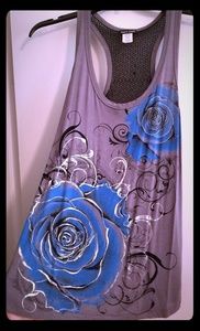 SALE Flowy Gray Tank, Blue Flowers & Sequins Back